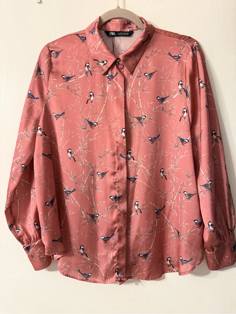 Zara Bird-Print Satin Button-Down Sz XL